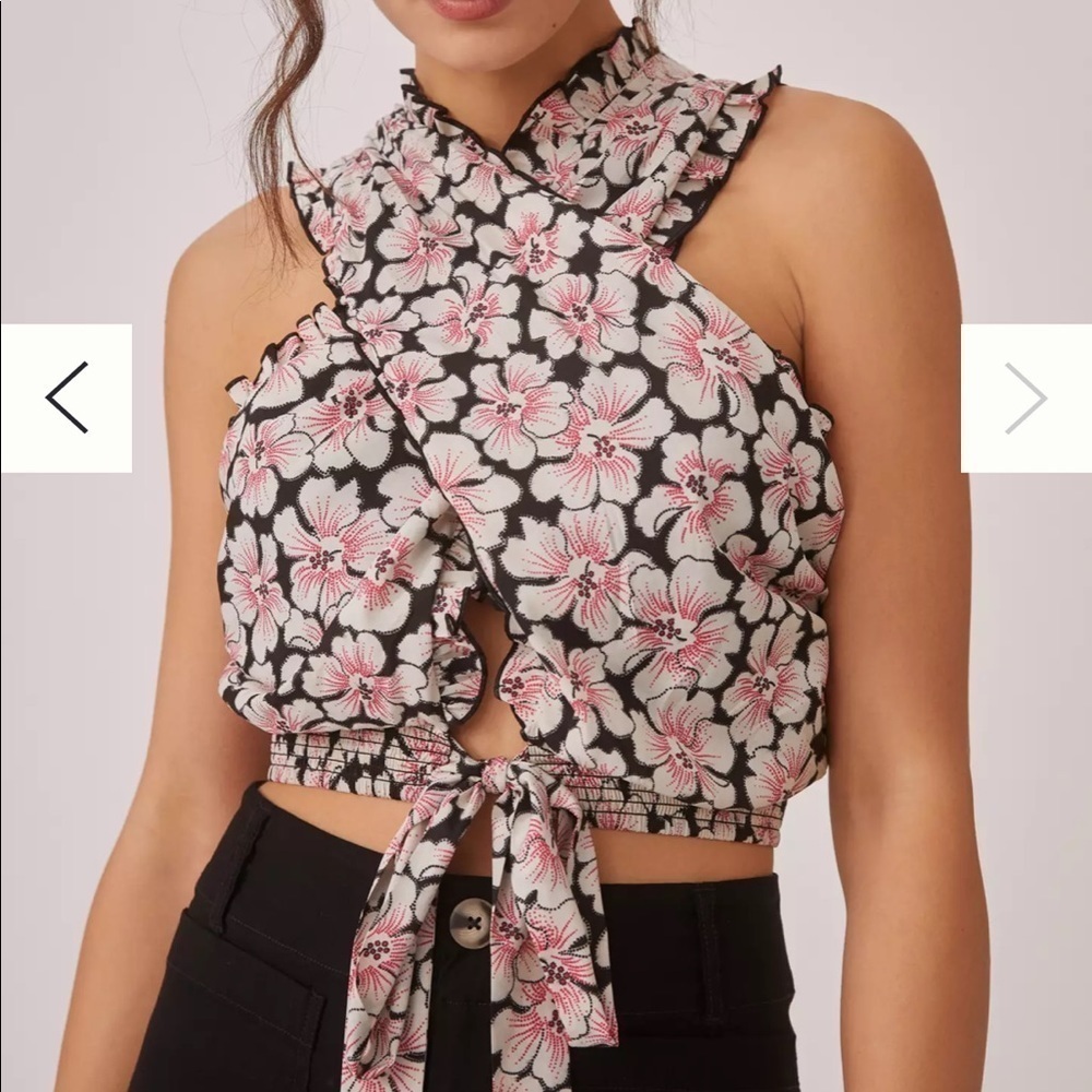 Anthropologie Black Floral Cross-Front Crop Top with Pink Flowers